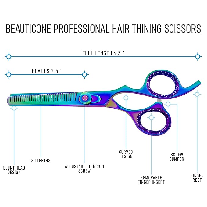 BEAUTICONE Professional Hair Thinning Scissors – Barber Texturizing Shears with Stainless Steel Teeth Blade, Leather Pouch Included, Salon Thinning Shears for Men & Women, Multi