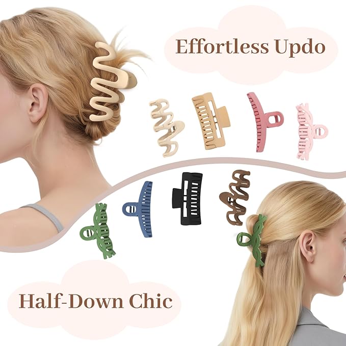 Matte Non-Slip Large Hair Clips for Women 8-Pack (Eight Unique Colors)