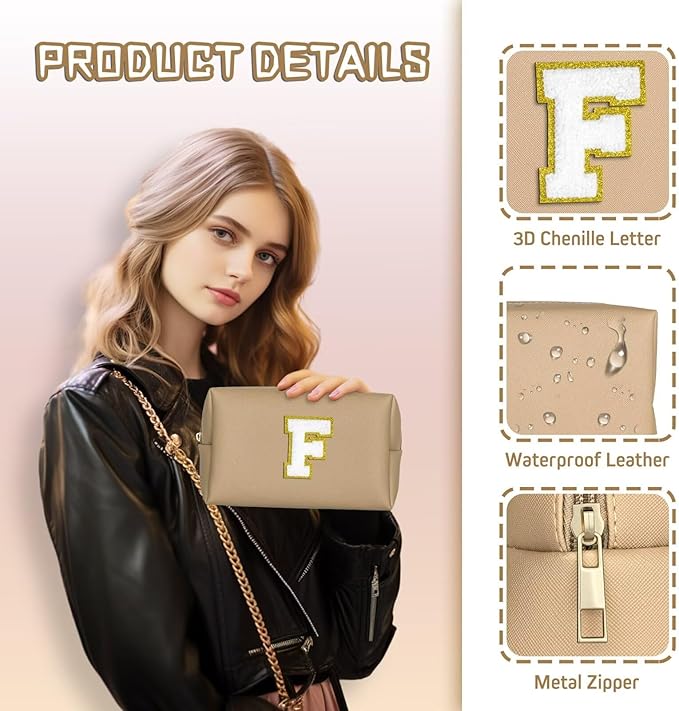 TOPEAST Cosmetic Travel Bags for Women, Preppy Small Makeup Bag, PU Leather Waterproof Toiletry Bag, Unique Friendship Gifts for Friends Coworker, Cute Stuff for Girls (Khaki R)