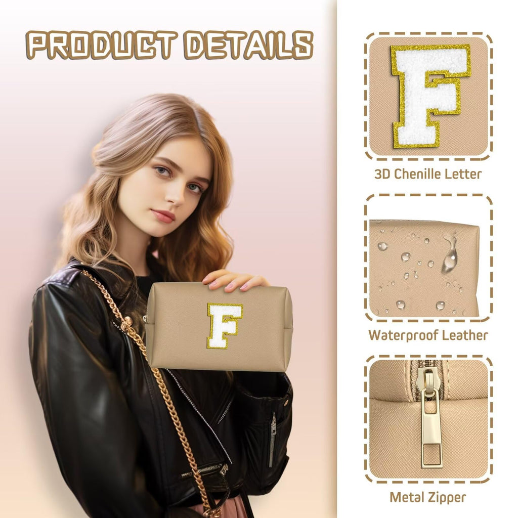 TOPEAST Cosmetic Travel Bags for Women, Preppy Small Makeup Bag, PU Leather Waterproof Toiletry Bag, Unique Friendship Gifts for Friends Coworker, Cute Stuff for Girls (Khaki R)