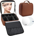 SLUMAZI Travel Makeup Bag with LED Mirror and 10x magnifying glass with 3 Lighted Settings, Adjustable Dividers and Makeup Brush Storage Bag Dark Brown