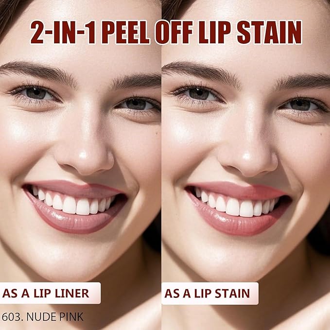 QCMME Lip Liner Stain Peel Off with Tweezer, Long Lasting Matte Lip Tattoo, Highly Pigmented Color Lip Makeup, Waterproof, Transfer-proof Lipstain for Women, Nude Pink