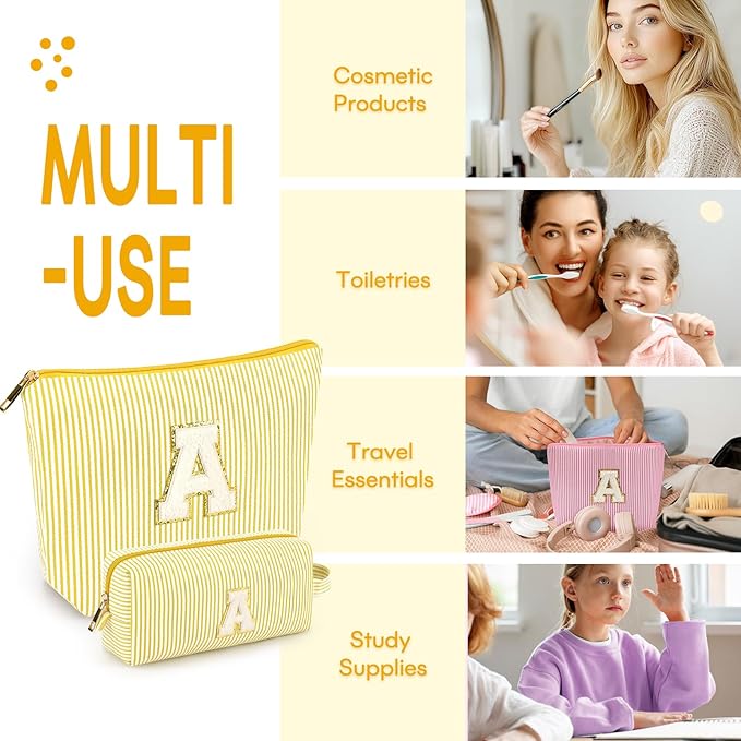 mibasies 2 PCS Initial Makeup Bags for Women: Cosmetic Bag for Travel Toiletry - Personalized Cute Makeup Pouch - Gifts for Grilfriend Wife Moms Bridesmaid - Retirement Travel Gifts - Yellow E