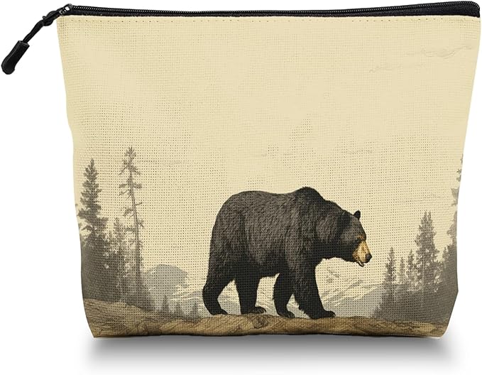 Scribesense Cosmetic Bags Travel Makeup Toilet Case Waterproof Pouch for Women Girls 6.7X9.45inches - Black Bear Walking in A Mountainous Forest Landscape