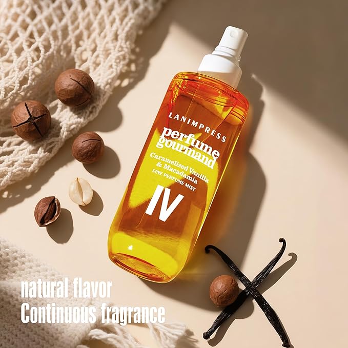 LANIMPRESS 3 FL OZ No.4 Hair Mist and Body Spray for Women,Eau De Parfum, Amber Gourmet Perfume, Sweet Scent– With Notes of Roasted Macadamia Nuts,Caramel Vanilla,Coconutblossom, Travel Size Fragrance