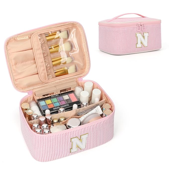 OCHEAL Makeup Bag for Women, Monogram Cosmetic Bag Pink Travel Makeup Case Beauty Toiletry Bag Organizer Personalized Gifts for Girls Bridesmaid, Sister, Wife, Friends Initiall N