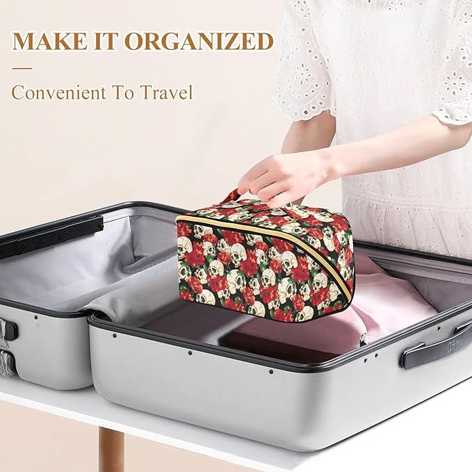 MNSRUU Makeup Organizer Bag, Skull and Flower Travel Makeup Bags Makeup Vanity Case Large Capacity Rhombus Cosmetic Toiletry Bag for Girl Women Ladies