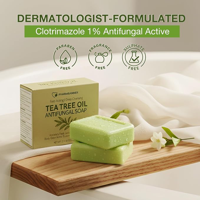 Tea Tree Antifungal Soap Bar – Body Wash for Face & Body Acne, Folliculitis, Jock Itch, Ringworm, Athlete’s Foot, Body Odor, Eczema – 2×4.1 oz