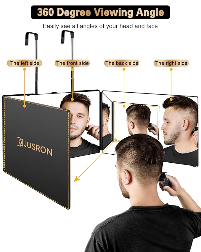 JUSRON 360 Viewing Angle Self Hair Cutting Mirror, Clear Anti-Fog HD Glass (Without LED)
