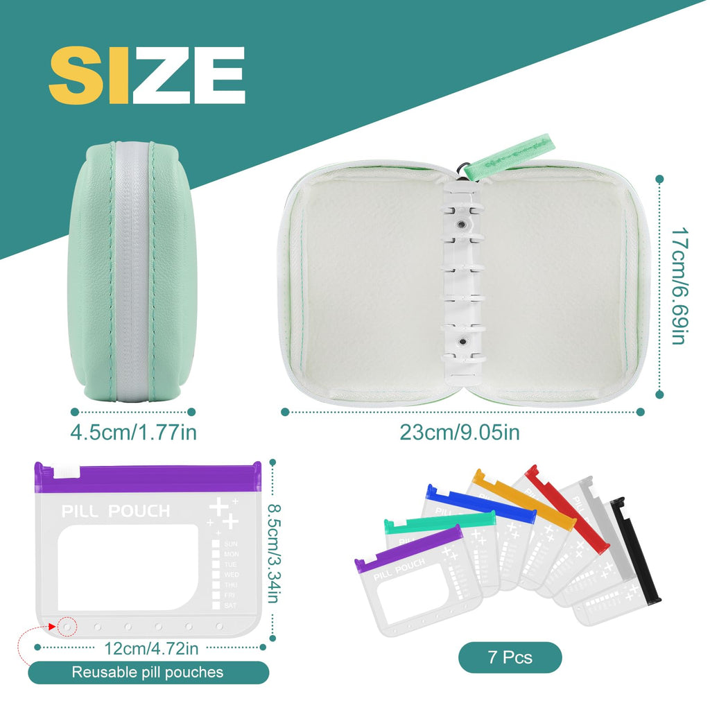 Timueetech A7 Waterproof Pill Organizer with 7 PCS L Size Zippered Pill Pouches for A7 Binder, Large BPA-Free Weekly Medicine Organizer, Color-Coded Reusable Travel Pill Storage System