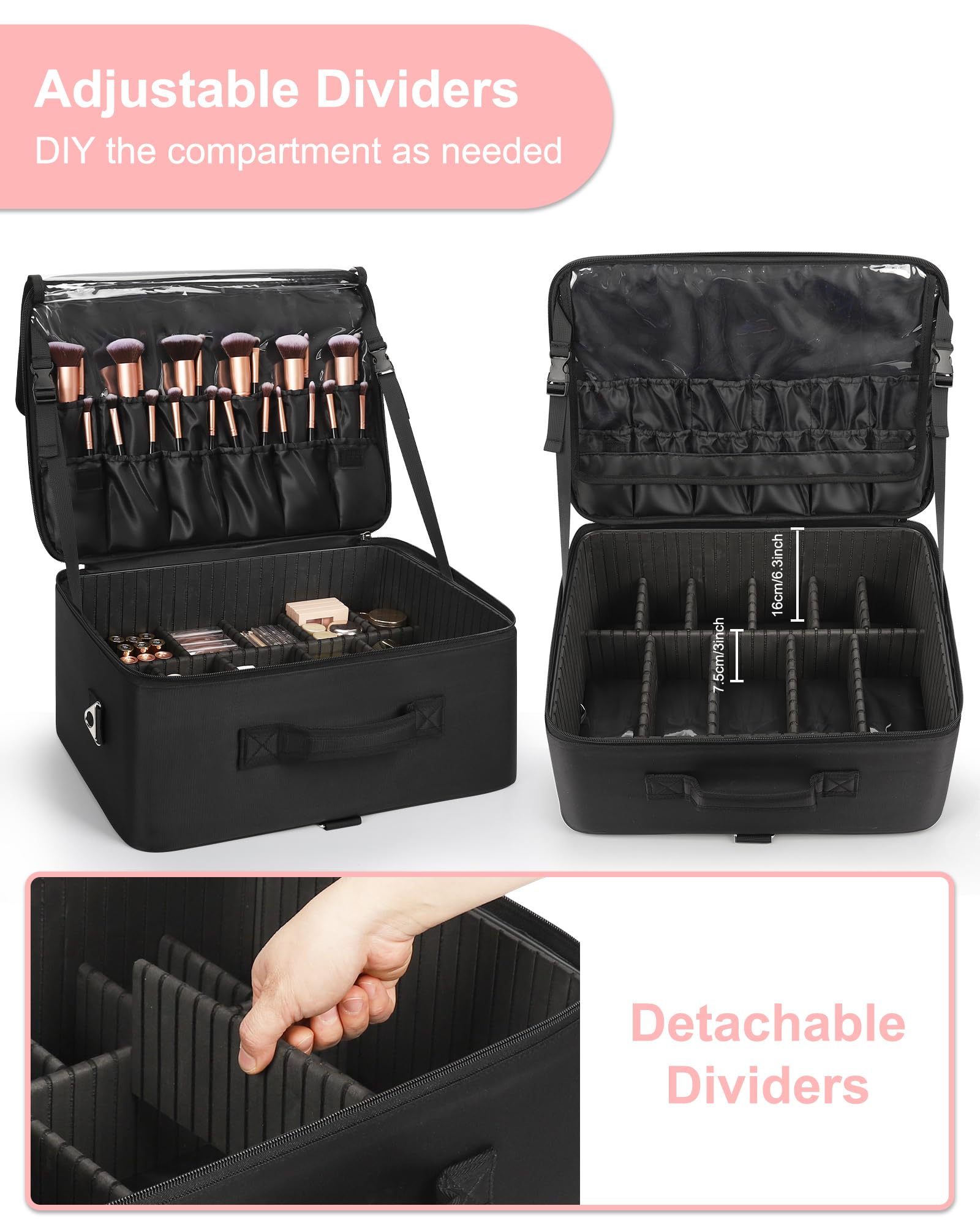Relavel Extra Large Cosmetic Case, Travel Makeup Bag with 4 Clear Pouches & Lipstick Plate, Portable Cosmetic Case Storage Organizer Box for Makeup Artists with Shoulder Strap & Adjustable Dividers