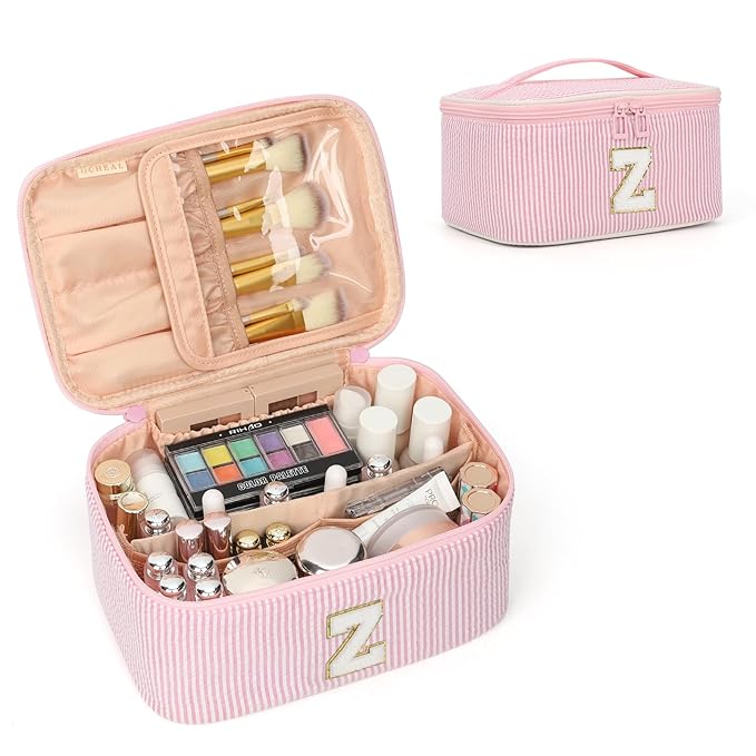 OCHEAL Makeup Bag for Women, Monogram Cosmetic Bag Pink Travel Makeup Case Beauty Toiletry Bag Organizer Personalized Gifts for Girls Bridesmaid, Sister, Wife, Friends Initial Z