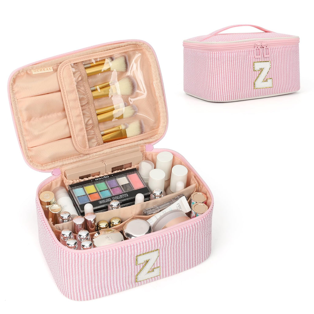 OCHEAL Makeup Bag for Women, Monogram Cosmetic Bag Pink Travel Makeup Case Beauty Toiletry Bag Organizer Personalized Gifts for Girls Bridesmaid, Sister, Wife, Friends Initial Z
