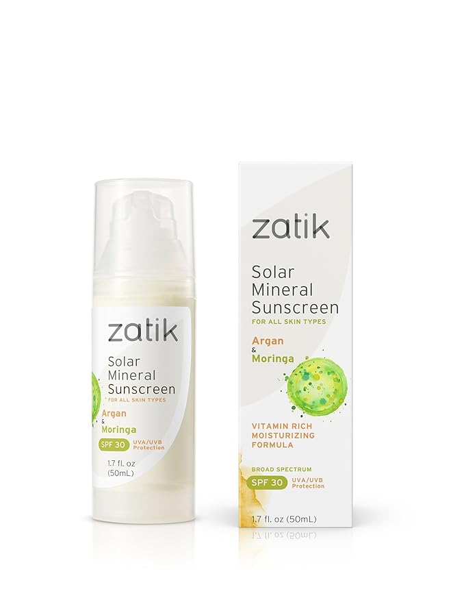 Zatik Naturals Solar Mineral Sunscreen with Argan and Moringa, for Face and Neck, Vegan, Non-GMO, pH Balanced, FREE from Gluten, Soy, Alcohol, 1.7 oz