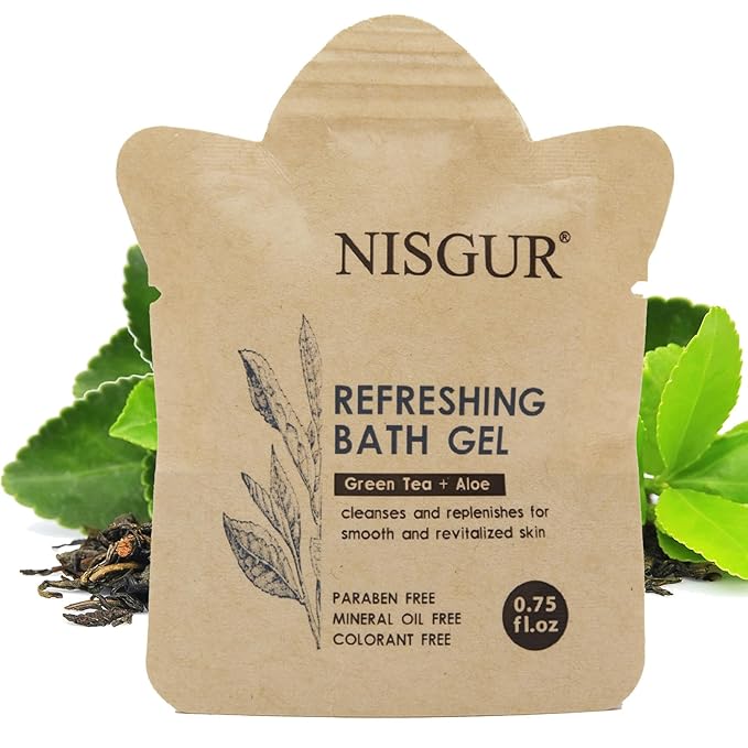 NISGUR Bulk Travel Size Body Wash 0.75 oz 100 Pack Non Plastic Hotel Bath Gel Kraft Paper Pouch Travel Shower Gel Aloe and Green Tea Extract Infused Hotel Supplies and Toiletries for Guest