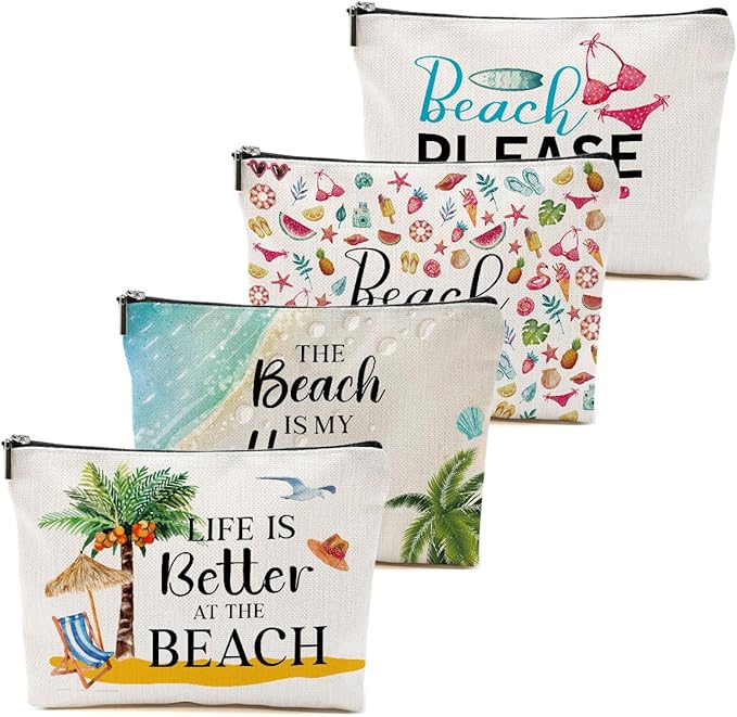 4 PCs Beach Vacation Makeup Bag, Beach Gifts, Cruise Gifts Cosmetic Bag