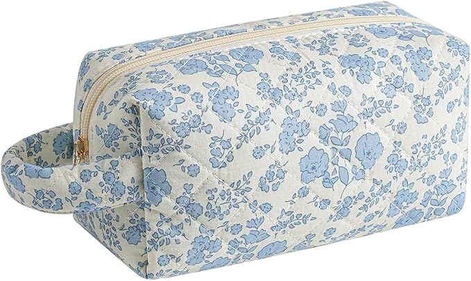 HHQQWZ Makeup Bag Travel Cosmetic Bag for Women, Zipper Make Up Pouch, Floral Flowers Toiletry Organizer Makeup with Handle, Cosmetic Travel Cloth Bag (Blue Floral)