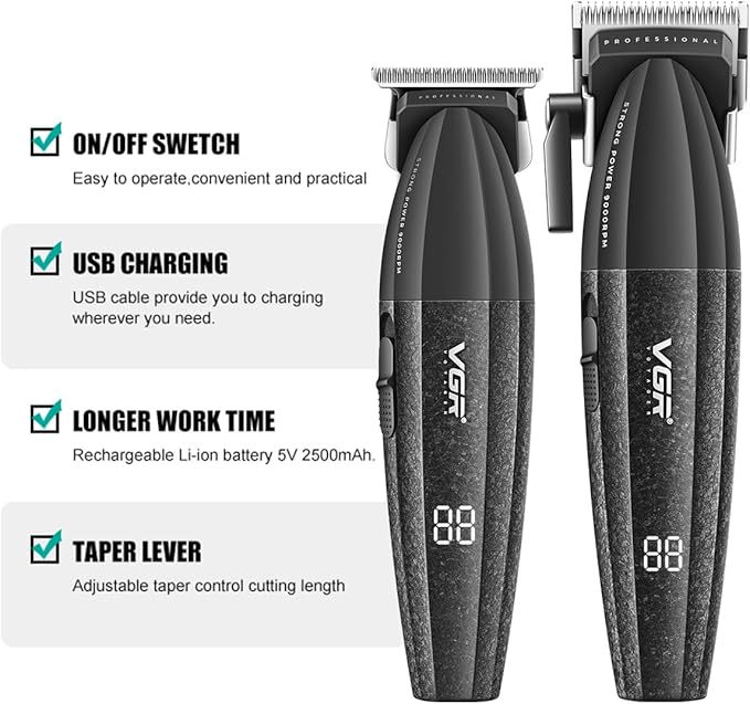 VGR 640 Professional Hair Clippers for Men with Clipper Trimmer Set, Black