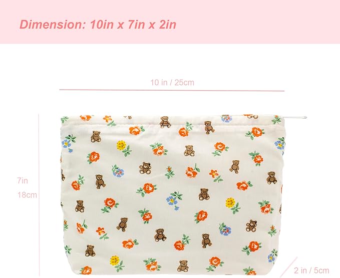 Flat Makeup Bag for Women,Zipper Cosmetic Pouch for Purse,Flower Bear White