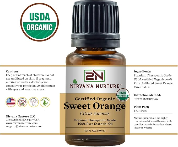Nirvana Nurture Sweet Orange Essential Oil, USDA Certified Organic, 100% Pure Undiluted, Aromatherapy Oil for Diffuser, Hair & Skin Care