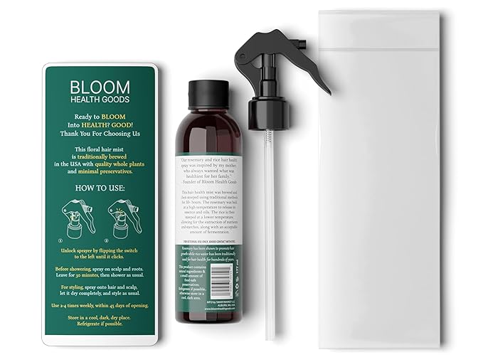 Bloom Health Goods Rosemary & Rice Water Spray for Hair – Homegrown Rosemary, Korean Root & Scalp Hair Tonic – Strengthens & Adds Fullness – Leave-In Mist for Thinning Hair, Men & Women – 6 oz