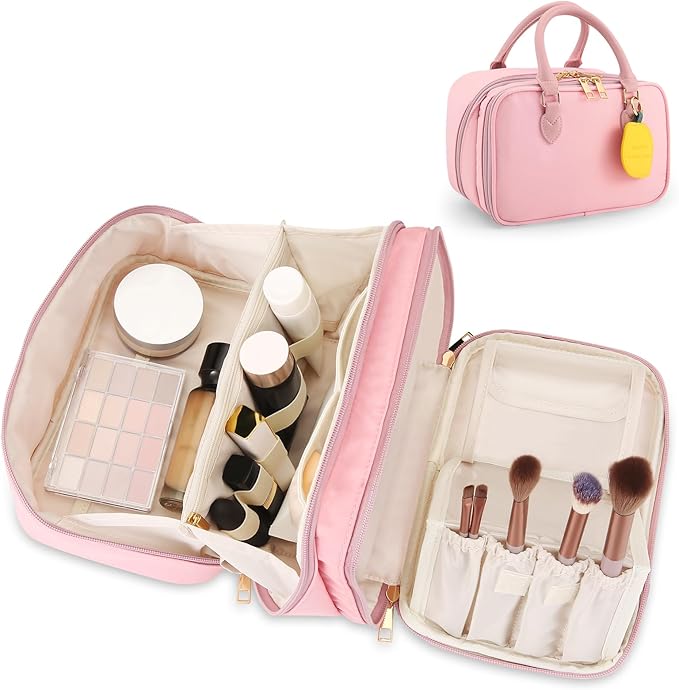 HauteHues Travel Makeup Bag for Women Stand Up Cosmetic Toiletry Case, Pink
