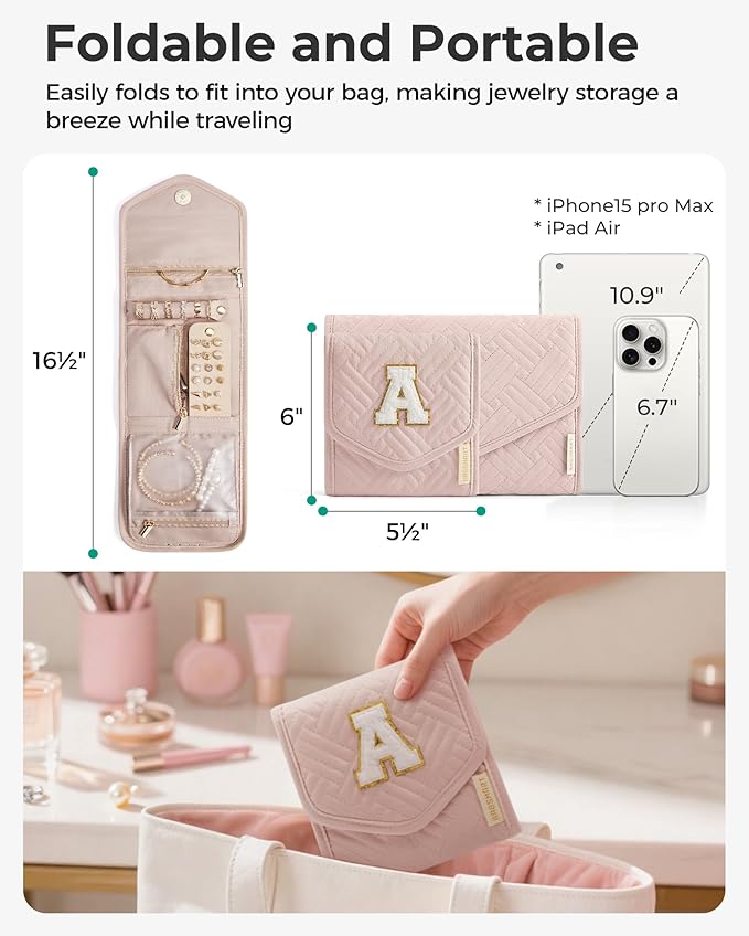 BAGSMART Travel Jewelry Organizer Case E Initial Jewelry Roll,Soft Pink