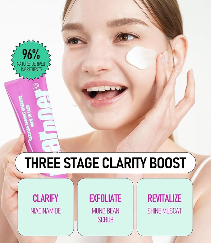 Dear Doer Dazzling Radiant Cleansing Pack to Foam – 3-in-1 Wash-Off Mask & Exfoliator & Cleanser w/Fresh Grape Extract & Niacinamide – Vitamin C and Resveratrol for Dry, Dull Skin (3.38 fl oz)