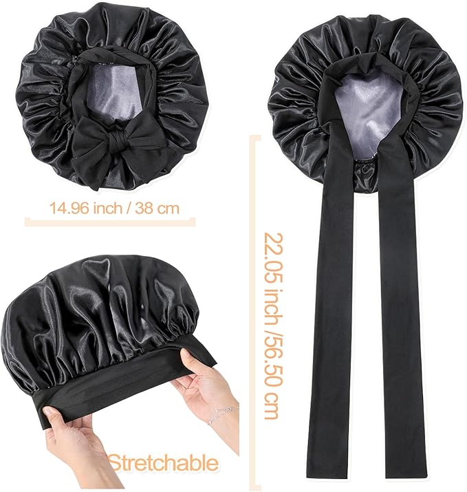 GDTOGRT Satin Silk Bonnet for Sleeping Women, Double Layer Sleep Hair Bonnets Caps for Curly Natural Hair with Tie Band - Black