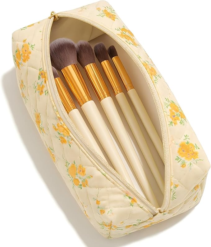 OIMEI Floral Quilted Cotton Makeup Bag for Women, Large Capacity Travel Cosmetic Pouch with Zipper, Cute Toiletry & Brush Organizer, Kawaii Makeup Storage Case – Yellow/Orange Flowers