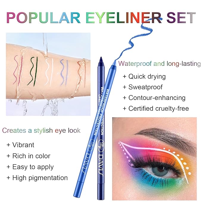 Meilury 3 Colorful Eyeliner Pen Set, Eye Shadow Pencil, Pearl Eyeliner Kit Metallic Glitter Colored Eye liner for Women Eye&Lip Liner Professional Waterproof Eye Makeup (3PCS D)