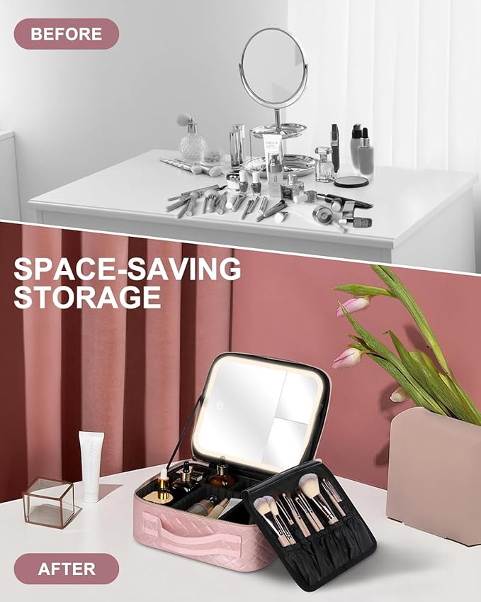 MAYFIY Makeup Bag with LED Lighted Mirror| Portable Makeup Organizer Train Case with 2X/3X Magnification & 3 Color Lights for Precision, Adjustable Brightness| Elegant Gift Packaging, Pink