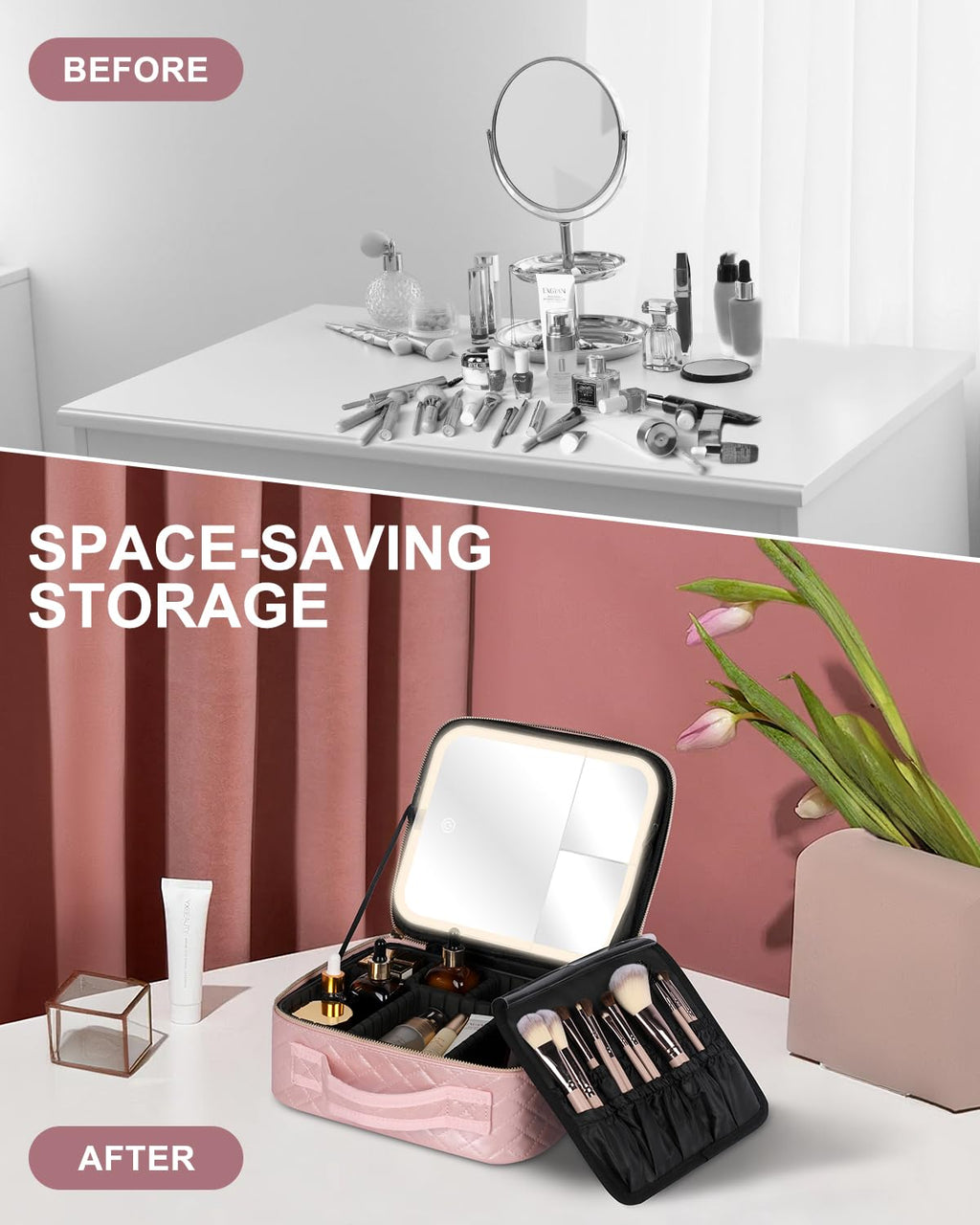 MAYFIY Makeup Bag with LED Lighted Mirror| Portable Makeup Organizer Train Case with 2X/3X Magnification & 3 Color Lights for Precision, Adjustable Brightness| Elegant Gift Packaging, Pink