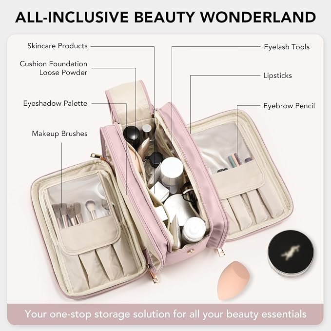 HauteHues Travel Makeup Bag Women's Large Capacity Cosmetic Portable Organizer Large Opening Waterproof Storage Toiletry Bags Vertical Free-Standing Brush Holder for Easy Access Pink