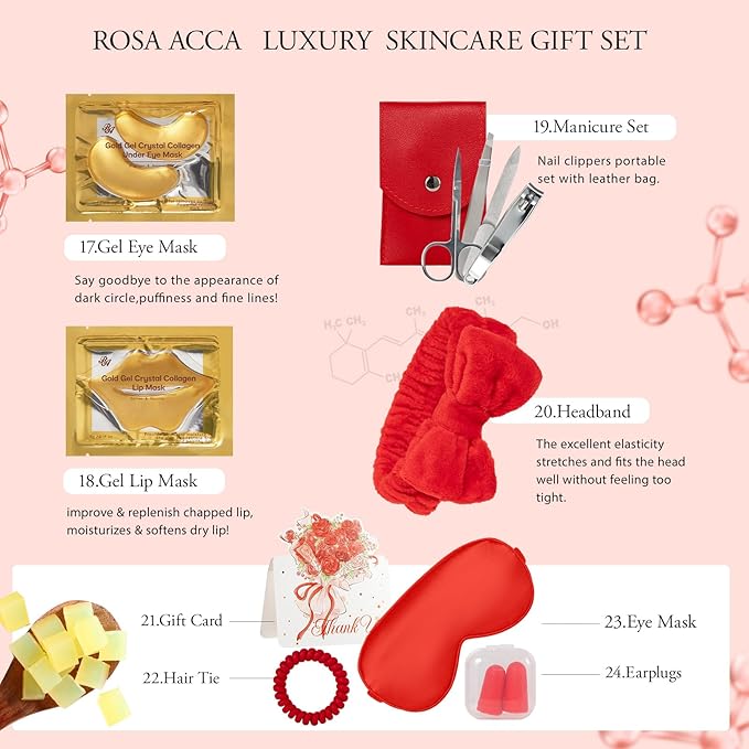 Gifts for Women, Red Rose 32 Pcs Face Skin Care Gifts Set, Birthday Gift for Women, Bath and Body Gifts Basket Set, Spa Set & Self-Care Basket, Thinking of You Gift, Christmas, Anniversary, Wife