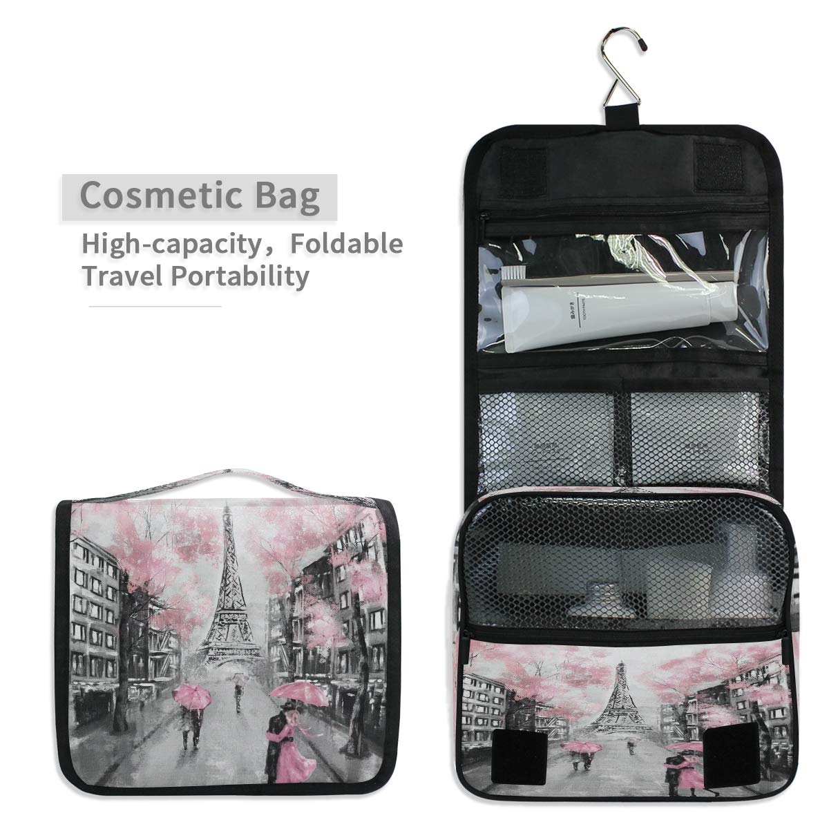 Hanging Toiletry Bag Eiffel Tower Paris Lovers Street Portable Travel Cosmetic Makeup Bag Bathroom Shower Shaving Kit Organizer Bag for Men Women