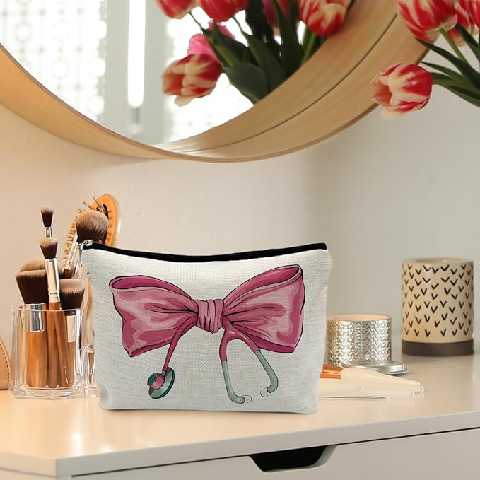 RYYCDOI Pink Coquette Bow Stethoscope Nurse Makeup Bag, Nurse Gifts for Women Cosmetic Bags, Nurse Week Gifts Makeup Pouch, Nurse Appreciation Gifts Zipper Pouch