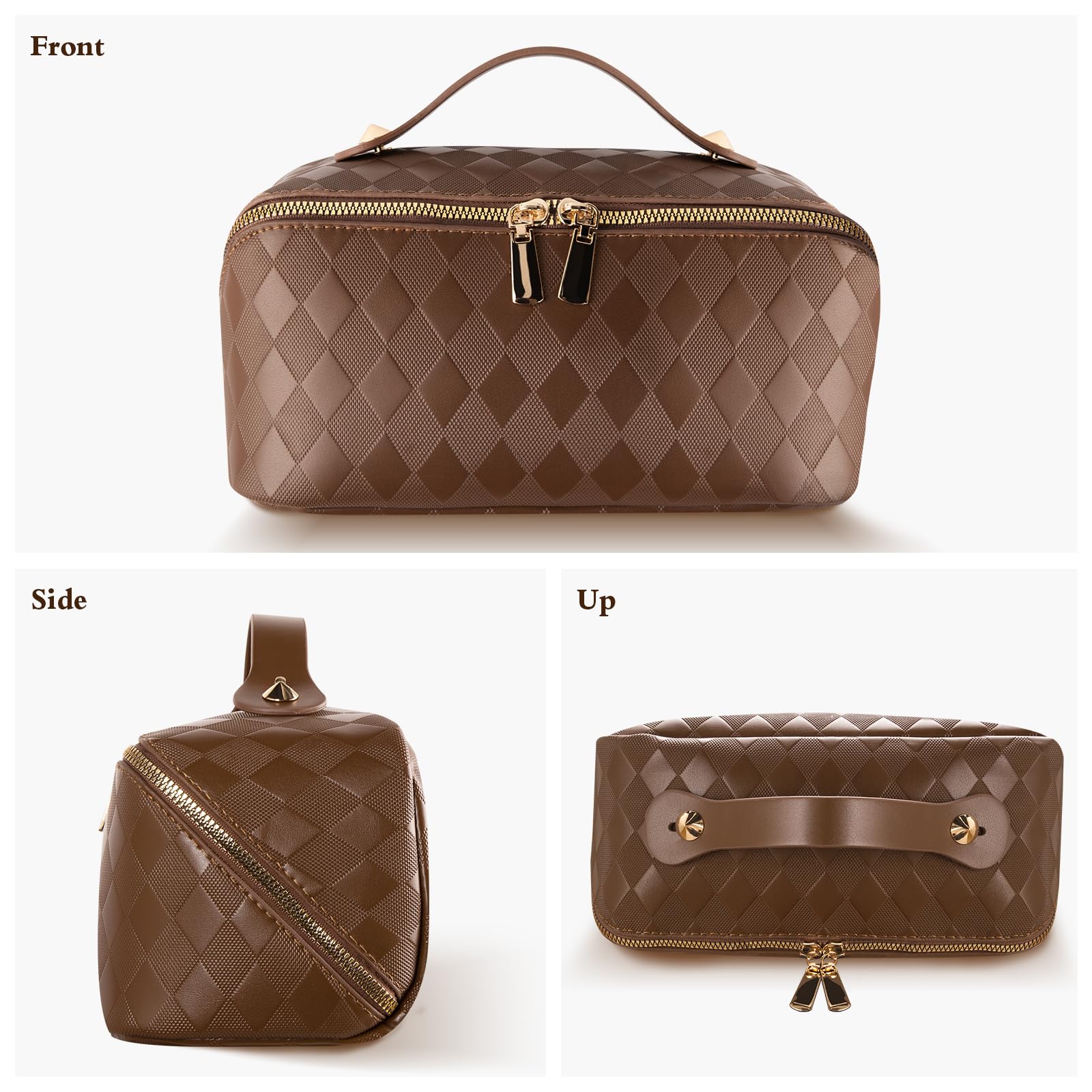 Abiudeng Travel Makeup Bag Large Capacity for Travel Essentials Open Flat Makeup bag Organizer with Divider and Handle-Rhombus Brown