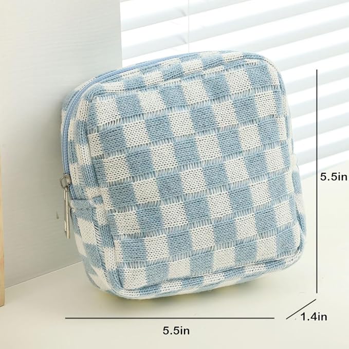 FFpaw Small Blue Makeup Bag for Purse, Mini Checkered Cosmetic Bag Zipper Cute Make Up Pouch Travel Toiletry Case Quilted Aesthetic Accessories Makeup Storage Bag Organizer for Women