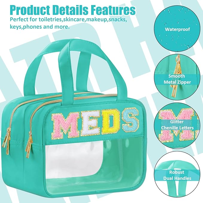 BuyCard Chenille Letter Clear Medicine Makeup Bag for Travel, Preppy Patch Nylon Cosmetic Meds Pouch with Handles and Zipper, Waterproof Large Travel Toiletry Purse Storage for Women Green