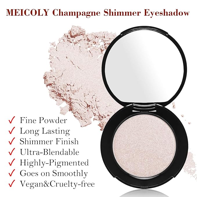 MEICOLY Champagne Shimmer Eyeshadow with Mirror,Shimmer Sparkly Eye Shadow Palette,Pressed Powder Single Eyeshadow for Women and Girls,Eye Makeup Eyelid Color,High Pigment,Long Wearing,Waterproof