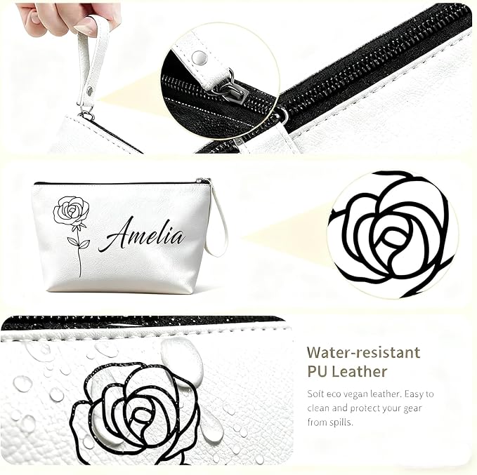 Bliver Personalized Makeup Bag Initial&Birth Flower Custom Small Travel Cosmetic Bag with Name Cute Makeup Bag for Women Girls