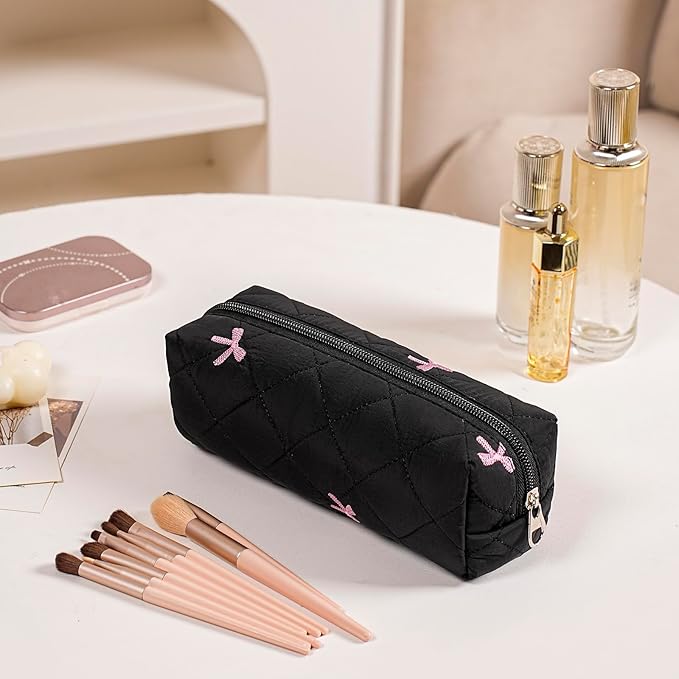 HHQQWZ Cute Floral Cotton Makeup Brush Cosmetic Bag for Women, Travel Quilted Zipper Make Up Bag, Flowers Toiletry Organizer Case Kawaii Makeup Cosmetic Travel Cloth Pouch (Pink+Black)