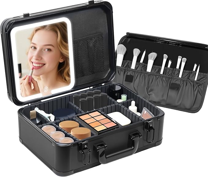 LivelyCove 15"x11" Makeup Case with Lighted Mirror & Brush Holder - Waterproof Travel Organizer, Customizable Storage, Rechargeable LED Vanity for Women (black)
