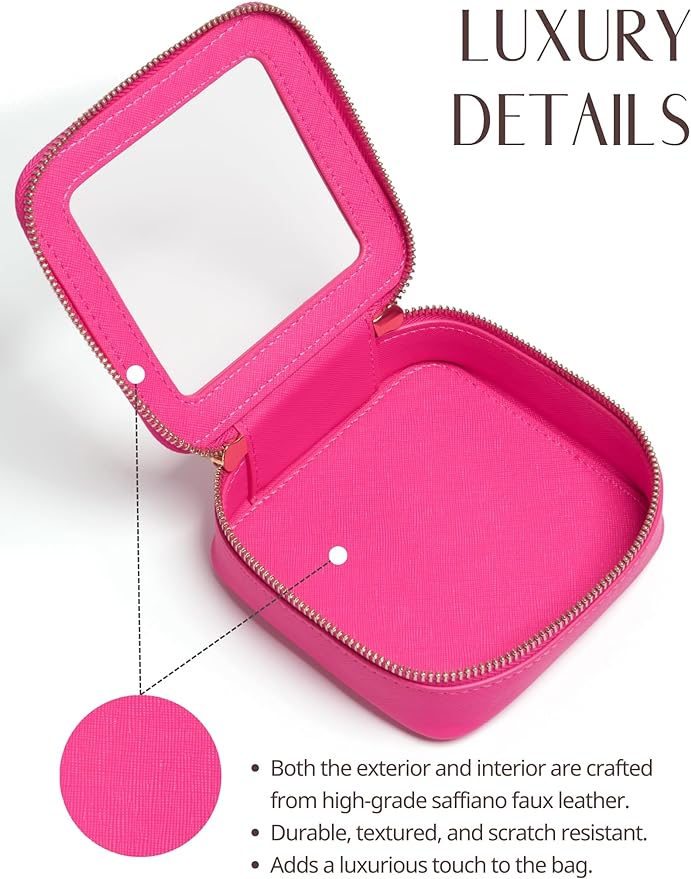 Popvibe Mini Makeup Bag Clear Small Travel Cosmetic Case Leather Cute Hot Pink Pouch for Purse Organizer Make Up Bag for Women Car Toiletry Bag with Zipper for School
