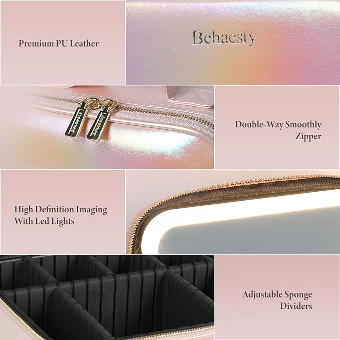 Behaesty Travel Makeup Bag with LED Lighted Mirror, Cosmetic Makeup Organizer Bag with 3 Color Setting, Makeup Train Case with Adjustable Dividers for Women Makeup Brushes Jewelry Accessories