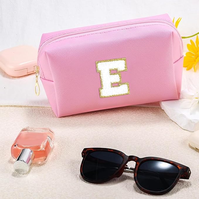URSKYTOUS Initial Makeup Bag for Women Travel Small Cosmetic Bag Cute Pink Personalized Preppy Makeup Pouch for Purse Zippered Toiletry Organizer PU Leather Makeup Bag Makeup Case for Christmas（E）