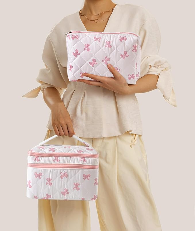 HBselect 2Pcs Travel Makeup Bag Large Quilted Cosmetic Bag Make up Bag