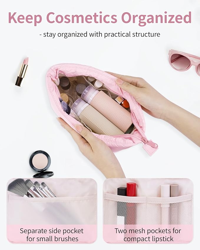 Narwey Travel Makeup Bag for Women Girl, Puffer Makeup Up Organizer Bag Cosmetic Bag, Puffy Cute Makeup Pouch Purse, Travel Toiletry Bag (Pink)