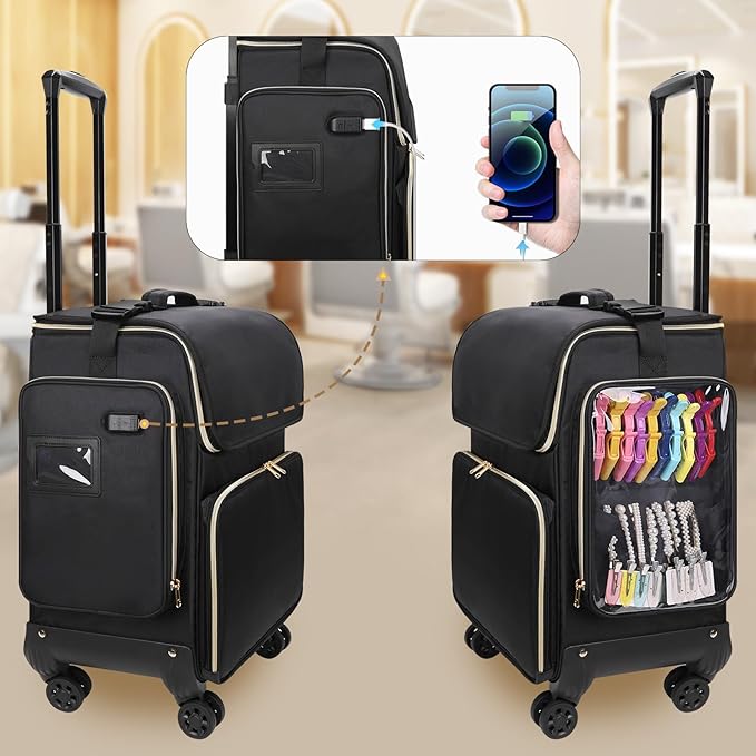 Large Makeup Train Case for Hairstylists & Hairdressers - Cosmetic Organizer with Detachable Pouch, Heat-Insulated & Anti-Scald Full Layer, Hairdressing Tool Storage Trolley with 4 360 Swivel Wheels